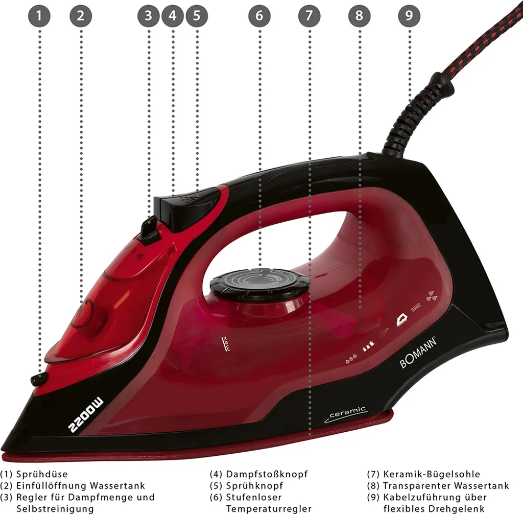 BOMANN Dampfbügelautomat DB 6035 CB Schwarz/rot Dampf Bügeleisen 7 Funktionen – Bild 4