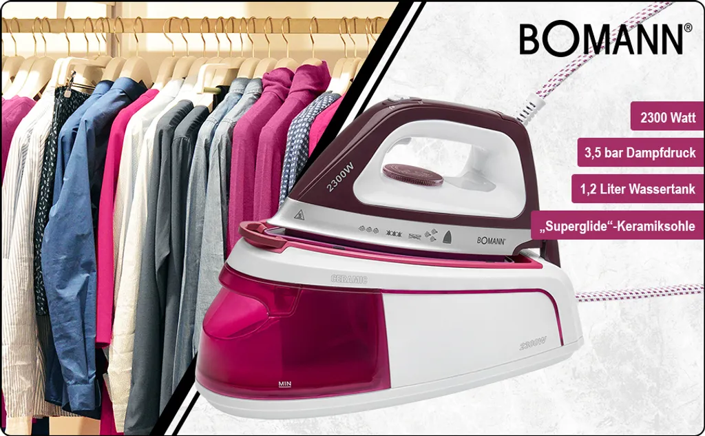 Bomann DBS 6034 CB Dampfbügelstation, Superglide-Keramiksohle, 3,5 Bar Dampfdruck, Elektronisches Anti-Tropf-System, 2300W, Weiß-flieder – Bild 12